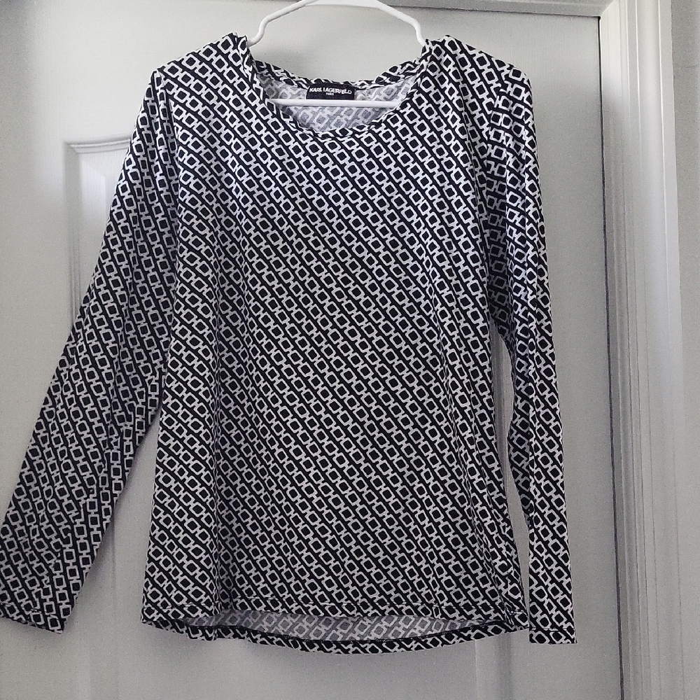 Karl Lagerfeld Black and White Fitted Long Sleeve Blouse